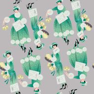 Winter Woman shopping Retro style Art deco Seamless background pattern