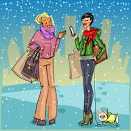 Women with shopping bags phone and dog