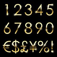Vector gold shiny font set currency numbers and special symbols