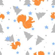 Forest squirrel and fir tree white seamless pattern Vector N2
