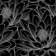 Beautiful monochrome black and white seamless pattern with lotus flowers