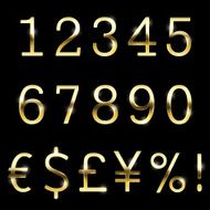Vector gold font set currency numbers and special symbols