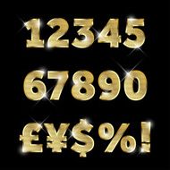 Set of gold glittering metal alphabet numbers and currencies
