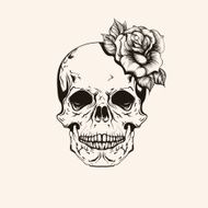 Hand drawn sketch scull with rose tattoo line art