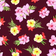 Marsala colored print plumeria frangipani orchid flowers Seamless pattern