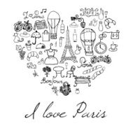 Paris doodles elements Hand drawn set in heart shape N2