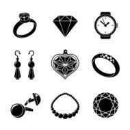 Jewelry monochrome icons set with - rings diamonds watch earings