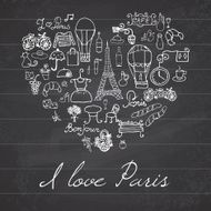 Paris doodles elements Hand drawn set in heart shape chalkboard N2