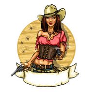 Pretty cowgirl with guns label isolated on white