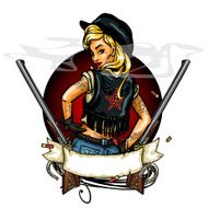 Pin Up Girl label with ribbon banner and guns N2