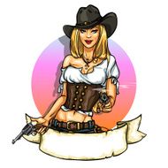 Pretty cowgirl with guns label isolated on white N2