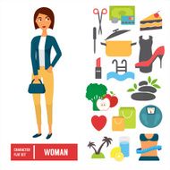 Character set woman Casual cloth with icons