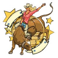 Rodeo Cowgirl riding a bull label design with space for