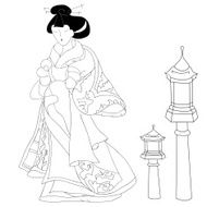 Hand drawn Japanese woman wears traditional japanese kimono and