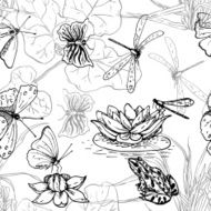 Seamless pattern with water lilies frogs dragonflies and butterflies monochrome