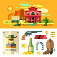 Wild West landscape icons and objects Flat