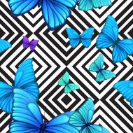 Vector palm leaves tropical pattern with blue butterfly N2