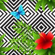 Vector hibiscus and palm leaves tropical pattern