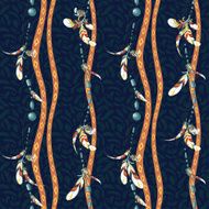 Seamless pattern of hanging bird feathers and colorful bijouterie