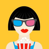 3D glasses big popcorn Brunet girl at the Cinema theatre