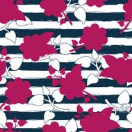Vector seamless floral pattern watercolor blue stripes and pink flowers N2