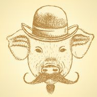 Sketch pig in hat with mustche vector ackground N2