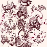 Floral pattern with butterflies sit on a stylized flower