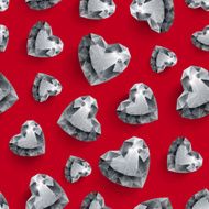 Shiny diamond hearts on dark red background seamless pattern