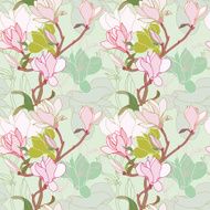 Magnolia twig on sage green background (Seamless pattern kimono style)