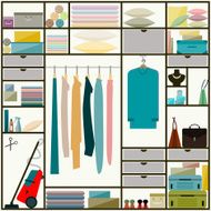sliding-door wardrobe with clothes and some household items
