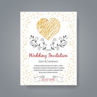 Wedding invitation card template with hand drawn flowers and heart
