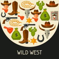 Wild west background with cowboy objects and design elements