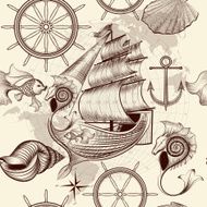 Antique pattern with ship shells and map tripping theme N2