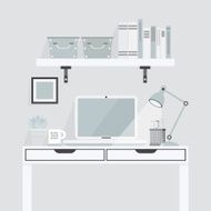 Pretty white and teal working place on gray background N2