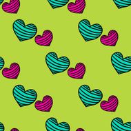 Seamless striped pattern with hearts on a light green background