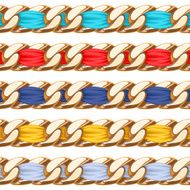 Golden chains set with colorful fabric ribbon vector brush