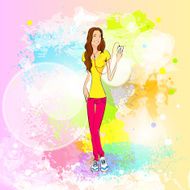 Woman Listen To Music Hold Player Casual Over Colorful N3