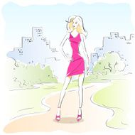 Fashion Woman Sketch Pink Dress Outdoor Vector N4