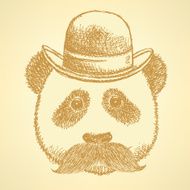 Sketch panda in hat with mustache vector background