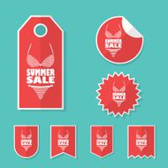Summer sale stickers with sexy woman bikini Red flat design