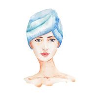 Watercolor Woman with towel Vector Illustration Health and spa N2