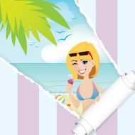 cartoon sexy girl on the beach background with ripped paper