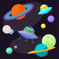 Bright cartoon cosmic illustration with ufo and planets in space
