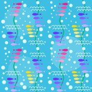simple seamless pattern background with bright cartoon fishes and bubbles