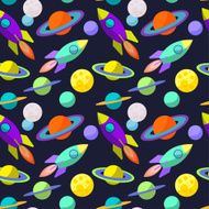 Bright cartoon cosmic seamless pattern with funny planets in space N2