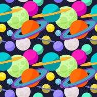 Bright cartoon cosmic seamless pattern with funny planets in space N3