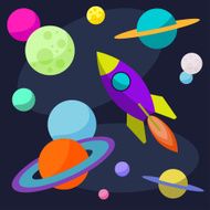 Bright cartoon cosmic illustration with rocket and planets in space