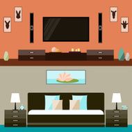 illustration in trendy flat style with room and bedroom interior