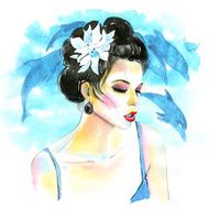 Watercolor girl with the white flower