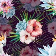 Watercolor pattern with parrot and flowers N3